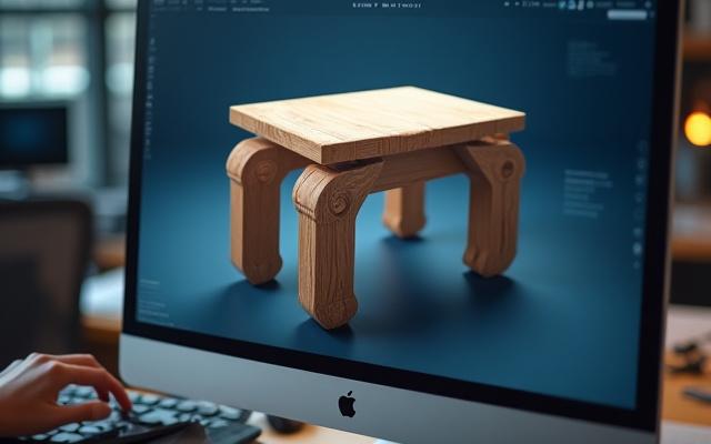 En 3D-modell av et moderne trebord presentert på en dataskjerm i et designstudio.